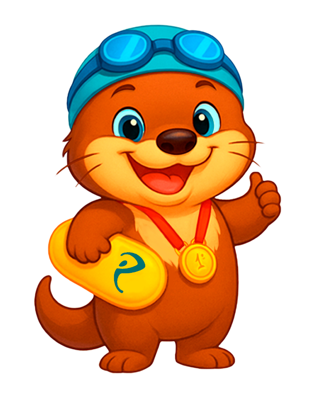 Lontrinha, mascote da natação da Ranc, com medalha e prancha fazendo sinal de positivo